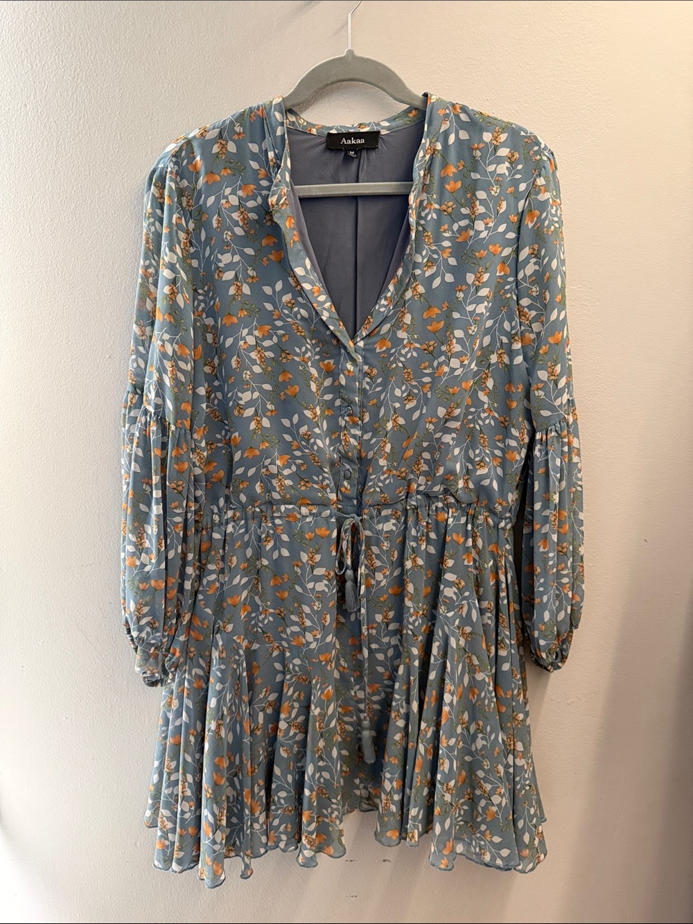 Aakaa Size M Blue Floral V-Neck Drawstring Mini Dress with Orange Accents